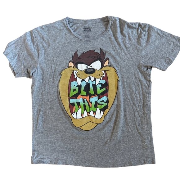 Taz T Shirt Bite This Graphic Gray Short Sleeve Shirt Large Looney Tunes - Picture 1 of 5